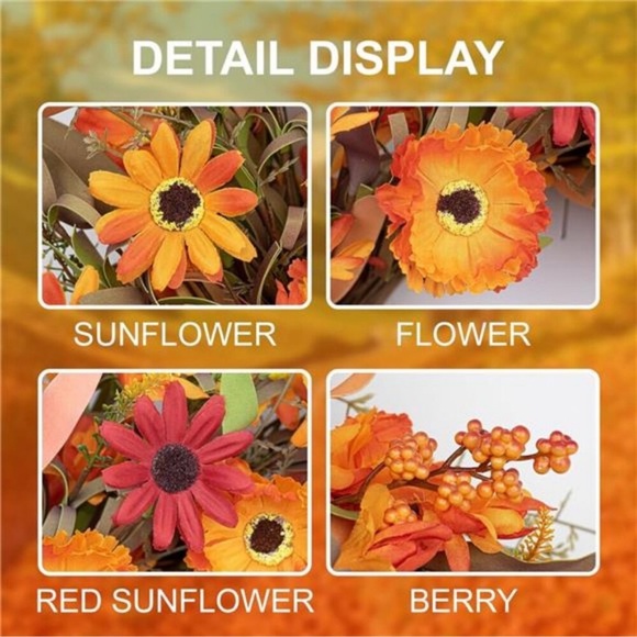 22" Artificial Orange Daisy Wreath with Wildflowers Berries for Indoor Outdoor - Picture 6 of 8